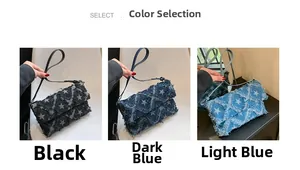 Detailed comparison of denim crossbody bags in black, dark blue, and light blue options