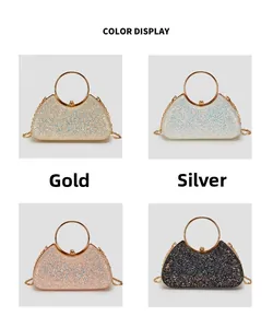 Detailed color display of evening bags in gold, silver, pink, and black finishes
