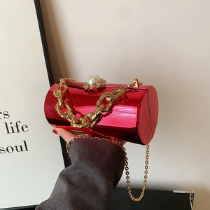 Acrylic Cylinder Evening Clutch Bag Glossy Mirror Finish Metal Chunky Chain Artificial Pearl Buckle Shoulder Handbag For Women