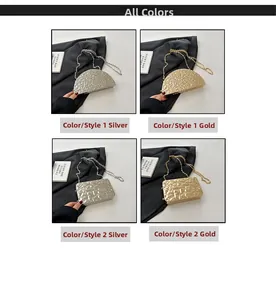 Detail of silver and gold hard shell evening bags with metallic texture and chain straps