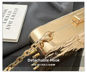 Detail of detachable gold metal chain and lobster clasp on acrylic evening clutch bag