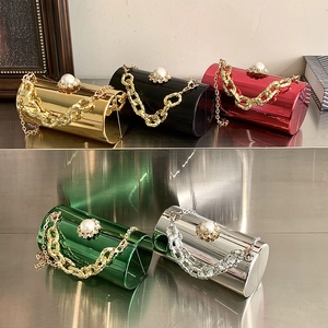 Glossy cylindrical acrylic evening bags with pearl diamond clasps and chunky chains