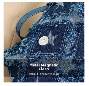 Close-up of denim star print texture with silver magnetic snap and frayed edges