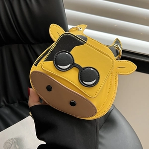 Cartoon Cow Mini Crossbody Bag Funny Sunglasses PU Leather Round Shoulder Bag With Chain Strap For Girls Women