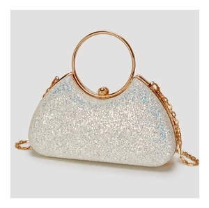 Silver sequin evening bag featuring a round gold handle and delicate chain strap detail