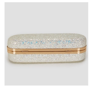 Macro shot of silver glitter clutch surface with gold metal frame and hinge detail