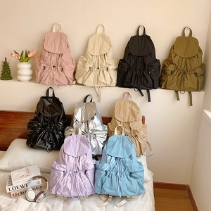 Fashionable nylon drawstring backpack with pleated flap for women in seven various colors