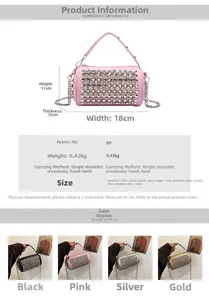 Detailed view showing sparkling rhinestone barrel bag in black, pink, silver and gold
