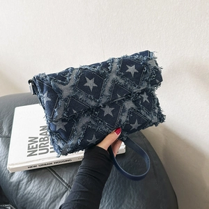 Vintage Denim Shoulder Bag With Star Pattern Distressed Frayed Edges Y2K Streetwear Chic Crossbody Purse Women