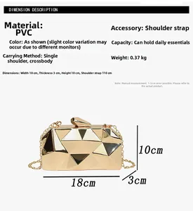 Size chart showing PVC box bag dimensions 18x10x3cm with gold metallic finish details
