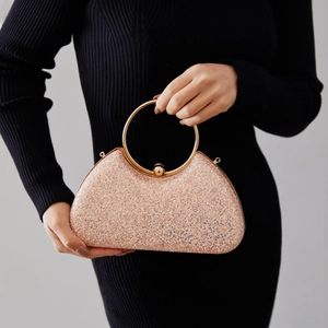 Glitter Sequin Evening Clutch Bag With Large Round Metal Handle And Detachable Chain Strap For Party Wedding Gala