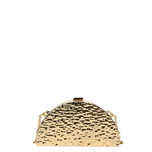 Golden acrylic shell evening clutch with ice-crackle texture and metallic chain strap