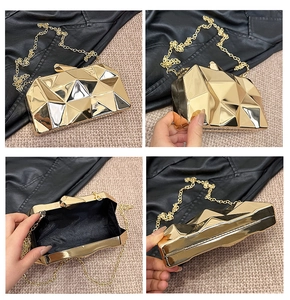 Detailed views of gold geometric faceted clutch showing chain, interior, and metal clasp