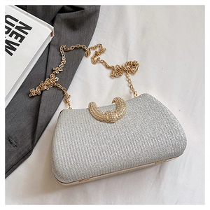 Close-up of silver glitter evening clutch bag with gold rhinestone arch clasp and chain