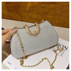 Detailed close-up of silver sequin evening bag with gold rhinestone horseshoe buckle