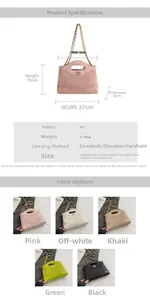 Detailed size specifications and color selection for this quilted PU chain tote bag
