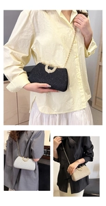 Detailed comparison of glittery evening bags in black, silver, and champagne with rhinestone clasps
