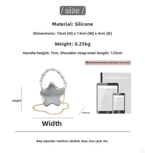 Size chart for star-shaped silicone bag with pearl handle and metal chain details