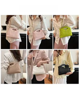 Detailed views of pleated tote bags in multiple colors shown on a model with chain straps