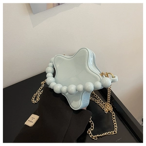 Star-shaped light blue crossbody bag with glossy jelly texture and pearl bead handle