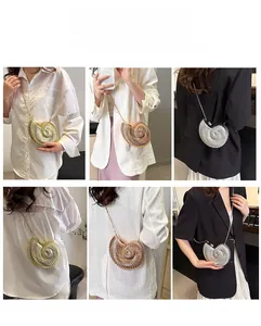 Chic shell-shaped metal clutch bag shown in gold, silver, and rose gold with chain straps