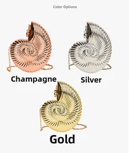 Nautilus shell shaped metallic crossbody bags in gold, silver and champagne colors