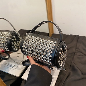Women Rhinestone Cylinder Shoulder Bag Fashion Rivet PU Leather Handheld Crossbody Party Banquet Evening Purse Luxury Handbag