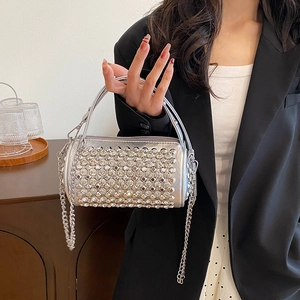 Chic silver cylinder bucket bag with sparkling rhinestones and metal chain strap