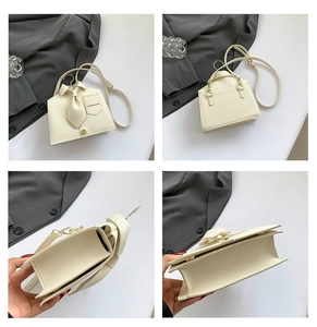 Detailed views of creative shirt-shaped mini handbag with tie detail and gold buttons