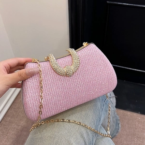 Women Luxury Glitter Evening Clutch Bag Sequined Purse Rhinestone Horseshoe Clasp Metal Chain For Wedding Party Banquet