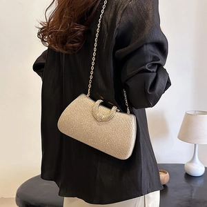 Sparkly champagne evening bag with horseshoe rhinestone buckle and fine gold chain strap