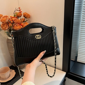 Women Pleated Shoulder Bag PU Leather Tote Handbag With Gold Chain Strap And Double Ring Decor Korean Fashion Elegant
