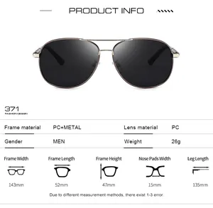 Detailed size chart and technical specifications for polarized aviator sunglasses