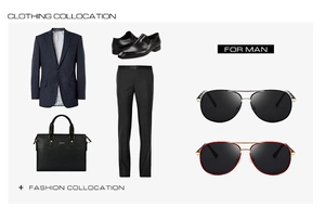 Flat lay of men's navy suit with leather shoes and two pairs of aviator sunglasses