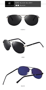 Classic polarized aviator sunglasses showing front, side, and rear views in black metal