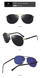 Detailed front, side and back views of classic aviator polarized sunglasses for men