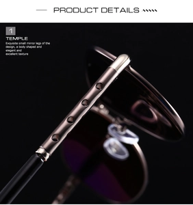 Detail of metal temples with hollow circular holes and smooth black tips on sunglasses