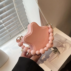 Star Shaped Mini Crossbody Bag Glossy PU Leather Faux Artificial Pearl Handle Metal Chain Strap Sweet Cute Handbag For Women Girls
