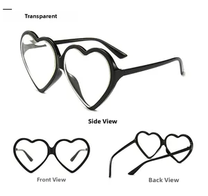 Drei-Seiten-Ansicht der herzförmigen Sonnenbrille mit transparenten Gläsern und schwarzem Rahmen