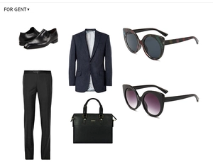 Mix of striped navy blazer, leather dress shoes, briefcase and cat-eye sunglasses
