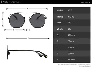 Detaillierte Maßtabelle für Retro-Rundmetall-Sonnenbrillen mit Rahmenabmessungen