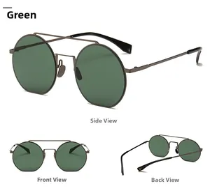 Detailsicht der runden Metall-Sonnenbrille mit dunkelgrünen Gläsern und Doppelsteg-Design