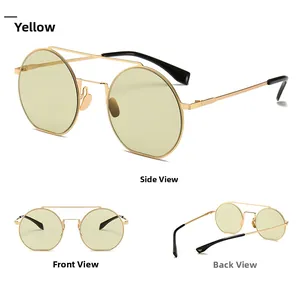 Detailansichten der runden goldfarbenen Metall-Sonnenbrille mit gelben Gläsern