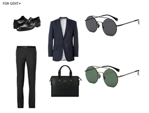 Herrenanzug mit Lederschuhen und runden Retro-Sonnenbrillen aus Metall in Flatlay