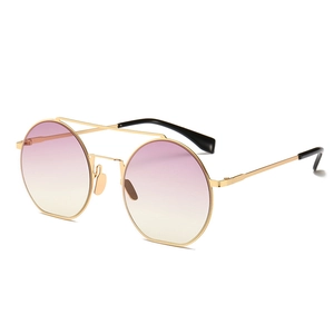 Trendige runde Metall-Sonnenbrille mit goldener Doppelbrücke und lila-gelbem Verlauf