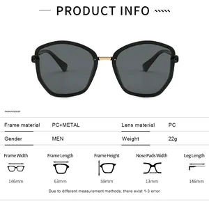 Detailed size chart for oversized TR90 square sunglasses with metal nose bridge specifications