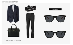 Business style flat lay featuring navy pinstripe suit, leather bag, and pilot sunglasses