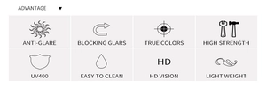 Detail showing UV400 protection, anti-glare lenses and HD vision features of sunglasses