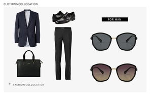 Flat lay display of classic TR sunglasses with elegant business suit and leather bag