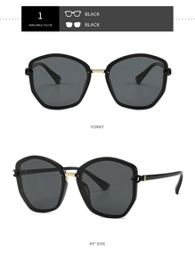 Front and 45-degree side views of classic oversized black TR sunglasses with gold bridge